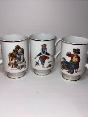 Danbury Mint Norman Rockwell Coffee Tea Mugs Boys w/Dogs Leapfrog Friends